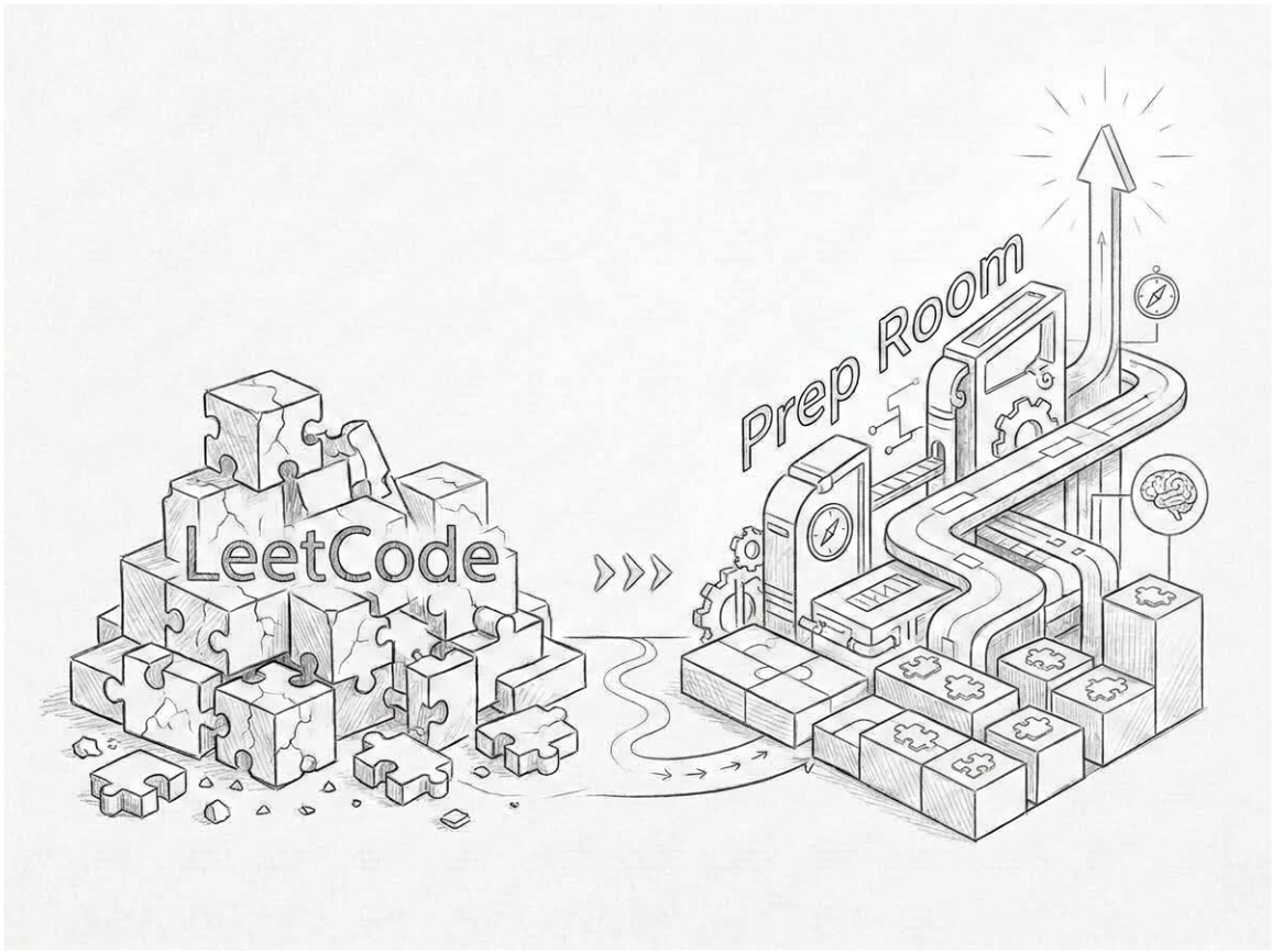 Hand-drawn sketch: a crumbling tower of puzzle pieces labeled LeetCode beside a Prep Room production line with gears, tools, a winding path, and an upward arrow.